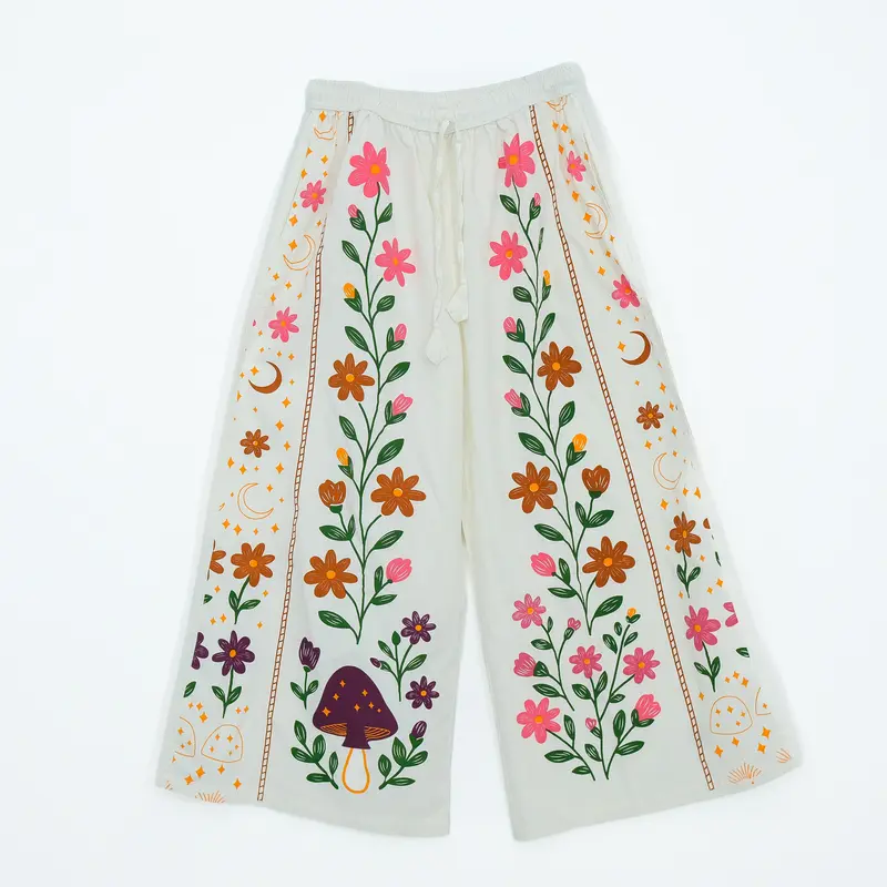 Women's Handmade Celestial Cotton Wide-Leg Pants - Boho Soft Breathable Floral Print Palazzo with Pockets, Adjustable Drawstring, Witchy Whimsy All-Season 2-Piece Matching Wrap Top Set
