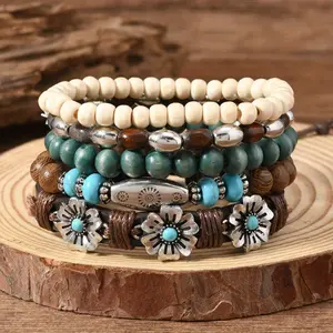 5Pcs Popular Elastic Bracelets Made of Wooden Beads in a Bohemian Style, Featuring Multiple Layers of Rose And Turquoise Beads, Ideal for Anyone