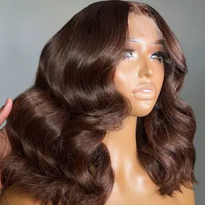 Body Wave Chocolate Brown  Bob Wig Lace Frontal Human Hair Wigs #4 Brown Colors Transparent Front Wig With Baby Hair Pre Plucked For Woman 180% Density