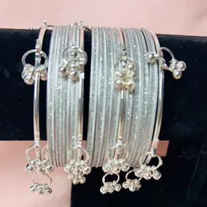 Vibrant Style Set: 12 Glass Bangles & 4 Kashmiri Gold-Tone Accent Pieces