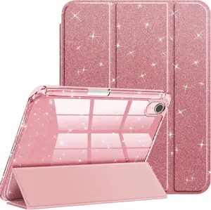 Case for iPad (A16) 11th Gen 11-Inch, iPad 10th Generation, Smooth Glitter Sparkly Slim Cover with Shiny Clear Back Shell & Pencil Holder, Smart Tablet Computer pu Leather Protective Cases, hybrid Lightweight tri-fold Stand , kid girl, Light Pink