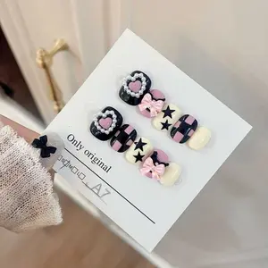 Short Kitten Nails" – Handmade Press-On Manicure Set (Kuromi Checkerboard & Punk Design | Edgy Girl