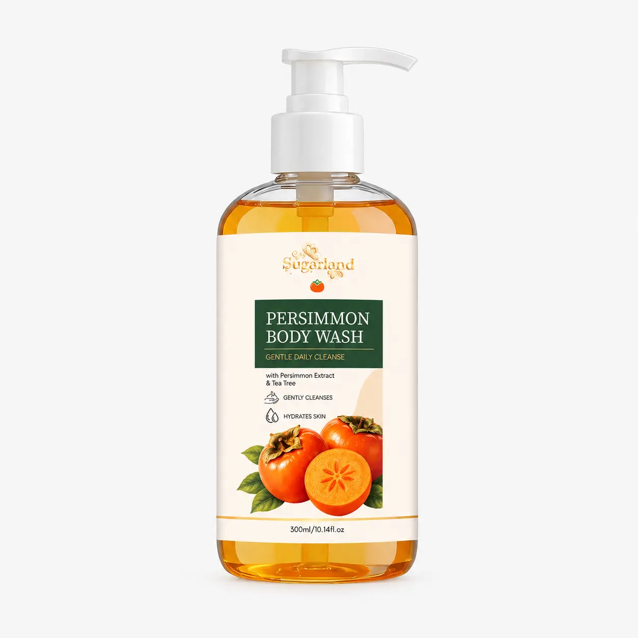 Persimmon Body Wash with Tea Tree, Hydrating Shower Gel for Normal Skin, Gentle Daily Cleanser with Refreshing Aroma, 300ml Pump Bottle for Travel