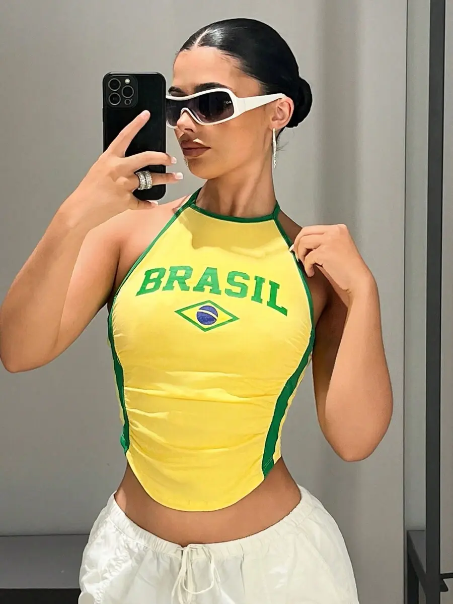 Women's Summer Halter  Brazil Colorblock Letter Print Tank Top