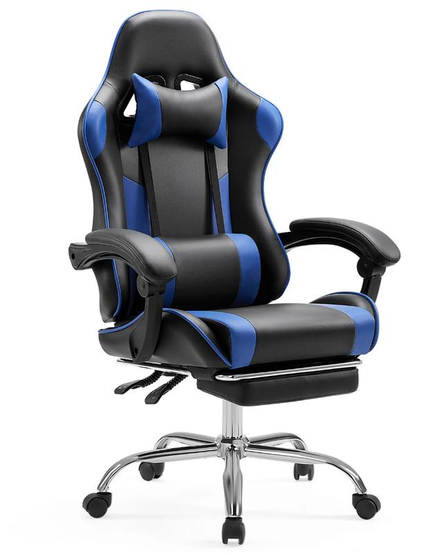 Gaming Chair with Footrest, Ergonomic Office Computer Desk Chair w/Spring Cushion, Lumbar Support & Headrest, Black/Blue