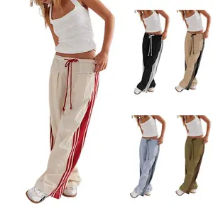 Women's Wide Leg Track Pants Drawstring High Rise Side Striped Slouchy Palazzo Pants with Pockets Clothes Chic