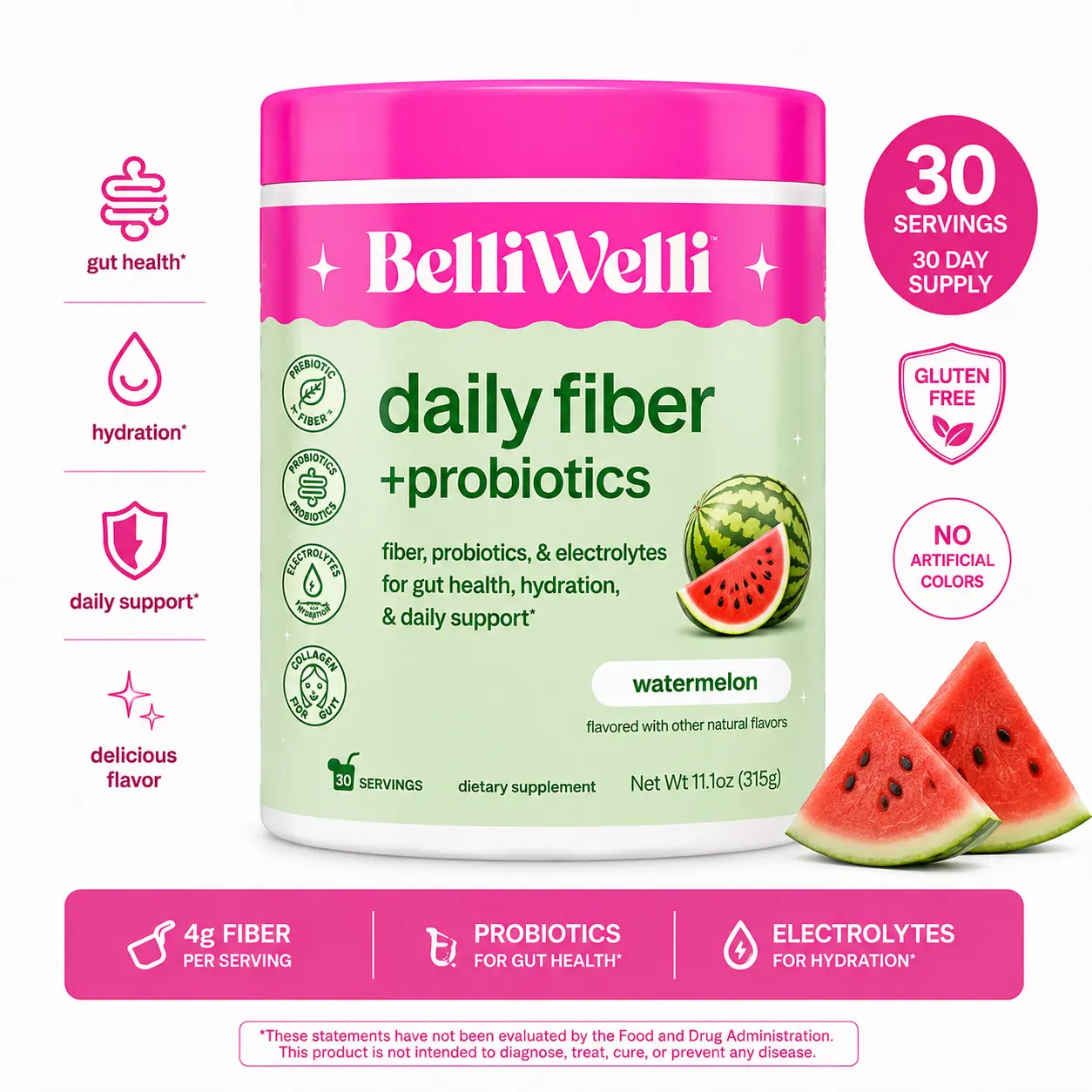 BelliWelli Daily Fiber + Probiotics - Watermelon - 30 day