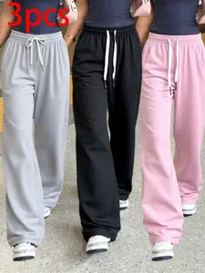 Women's Loose Straight Leg Plain Casual Sport Pants, Simple Design for Daily Wear, Spring & Fall Season Clothing