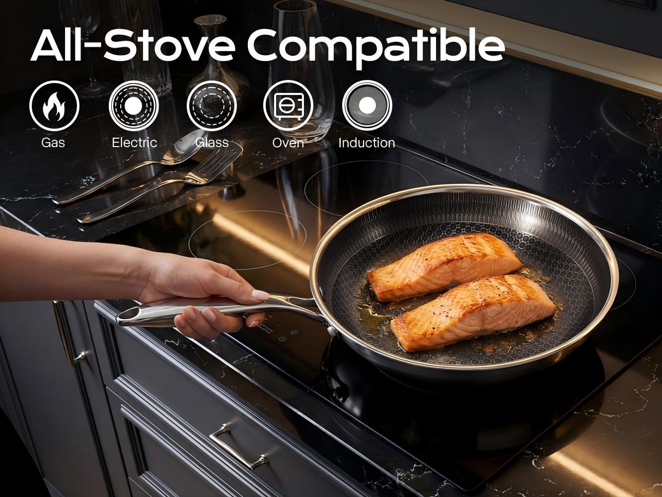 USELUCK-10 Inch Nonstick Stainless Steel Frying Pan with Glass Lid, Honeycomb Surface, Oven & Dishwasher Safe, Induction Compatible, PFAS-Free, Non-Toxic, All Cooktop Friendly