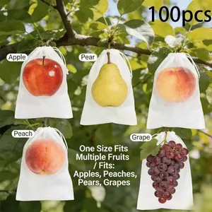 100pcs Breathable Insect-Proof Fruit Net Bags, Hidden Drawstring, Protect Apples and Grapes, Bird and Pest Guard, Orchard Use