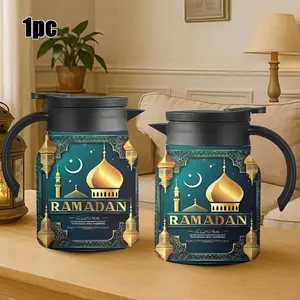 1pc 34oz Insulated Water Bottle Stainless Steel Thermos Thermal Flask Drinkware Gold Mosque Moon Star Pattern Ramadan Text Good Luck Festive Home Use
