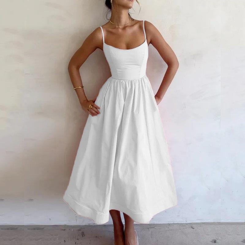 Lady's white simple and fashionable strapless dress - square neckline, fitted waist, sexy V-neck with waist crease and flowing long skirt with big waves. Trendy everyday brunch date attire for 2025.