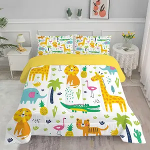 3 PCS Forest Animals Printed U-shaped Quilted Bed Set, one quilt (with filling 200gsm) and two pillowcases (without filling), machine washable without deformation, suitable for baby rooms and children's rooms for bedding decoration