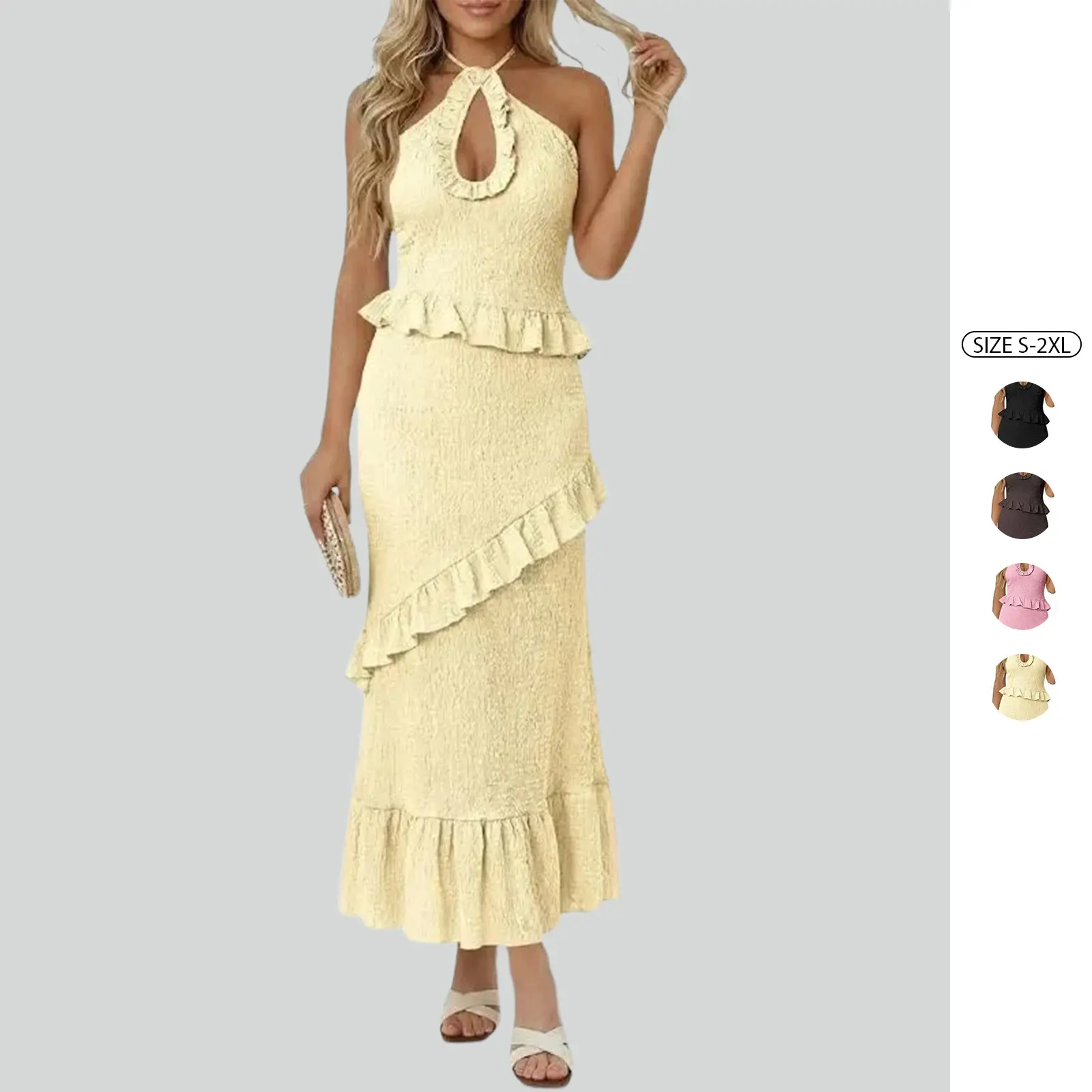 Imily Bela Womens Sexy Halter Maxi Dress Cutout Sleeveless Ruffle Tassel Backless Party Club Boho Summer Dresses Womenswear