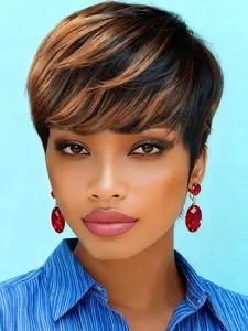 Short 1/30 Highlight Human Hair Wig Full Machine Made Wig Straight Pixie Cut Wig Pixie Wigs For Women With Bangs Halloween