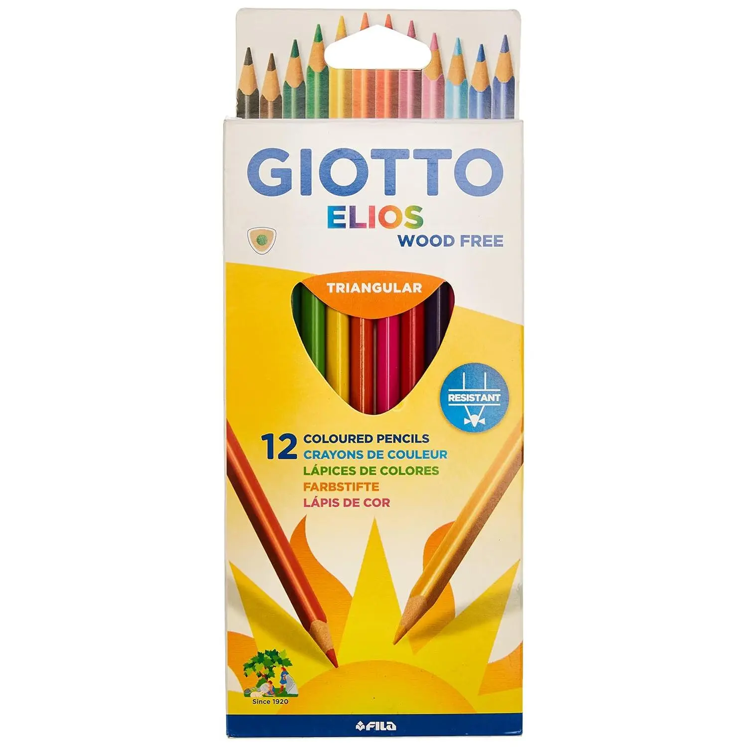 GIOTTO Elios Wood Free Colouring Pencils, 12 Assorted Colours, Ideal for Children & Schools