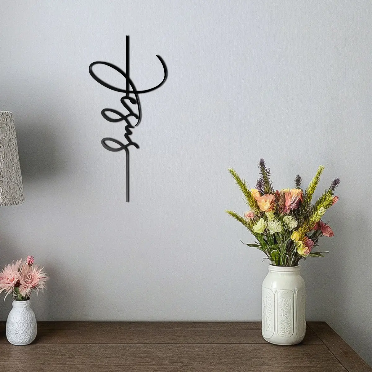 Signature Jesus Religious Metal Wall Art, Vertical Cross-Shape Minimalist Monochrome Text Logo, 18.56cm x 40cm Crucifix Pendant Ornament, Christian Home Decor homedecor