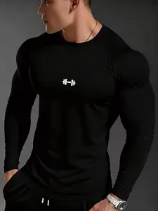 Men's Fitted Long Sleeve Tight Fit Shirt, Barbell Minimalist Print, Pure Fitness Style, High Stretch Breathable Fabric, Gym Training & Daily Wear, Gym Shirts, Breathable Workout Tops
