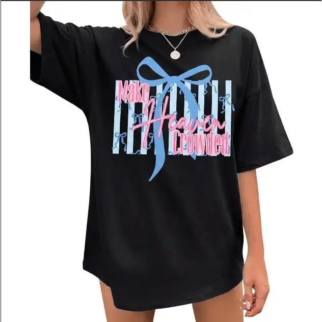 Make Heaven Crowded Bow Graphic Tee, Cute Coquette Christian Aesthetic T Shirt, Preppy Religious Jesus Faith Top, Vintage Faith Based Streetwear Unisex Cotton Short Sleeve Fashion Tee, Inspirational Christian Gift Shirt for Men and Women