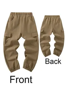 Boys' Outdoor Casual Solid Color Pants, Multi-Pocket Design, Cargo Pocket Design, Ideal for Beach, Camping, Picnics, Loose-Fit, Long Hems, All-Season Wear