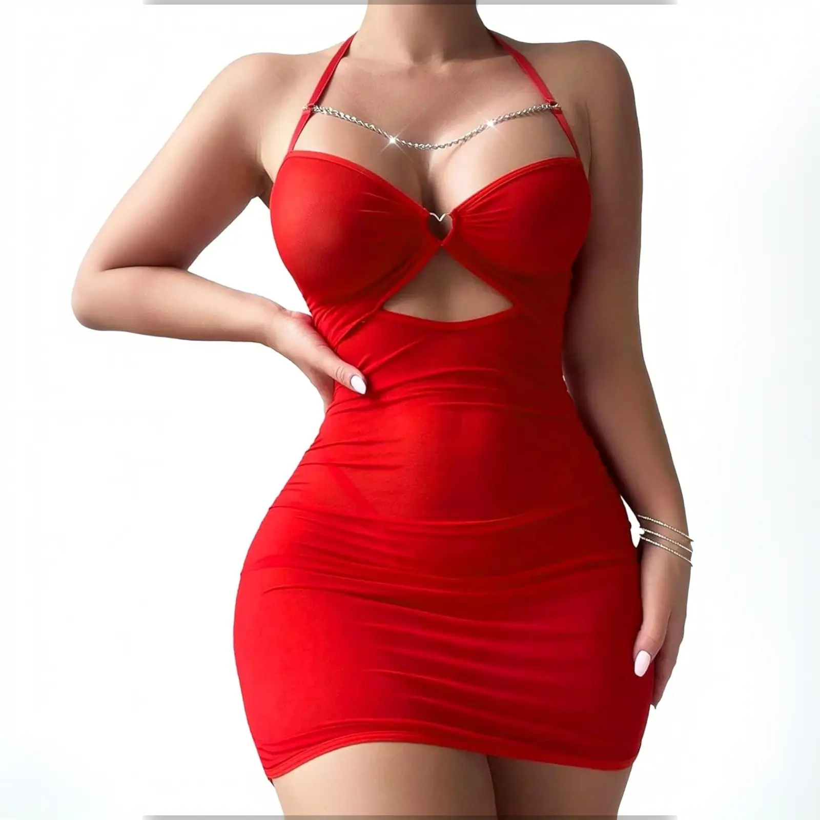 Avilove Lingerie for Women Sheer Ruched Bodycon Mesh Babydoll Halter Lingerie Sexy Chain Dress