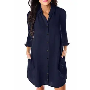 Navy Blue Crepe Shirt Dress