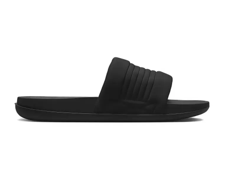Men Solid Black Single Strap Slide Sandals Striped Upper Slip On Comfort Cushioned Footbed Anti Slip Flat Slippers Indoor Shower Beach Outdoor Casual Footwear