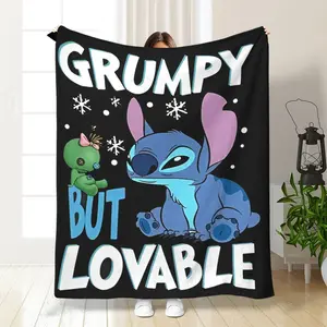 DISNEY CLASSIC Stitch "Grumpy But Lovable" Flannel Blanket - Soft Cozy, All-Season Multi-Use for Home, Office & Outdoor