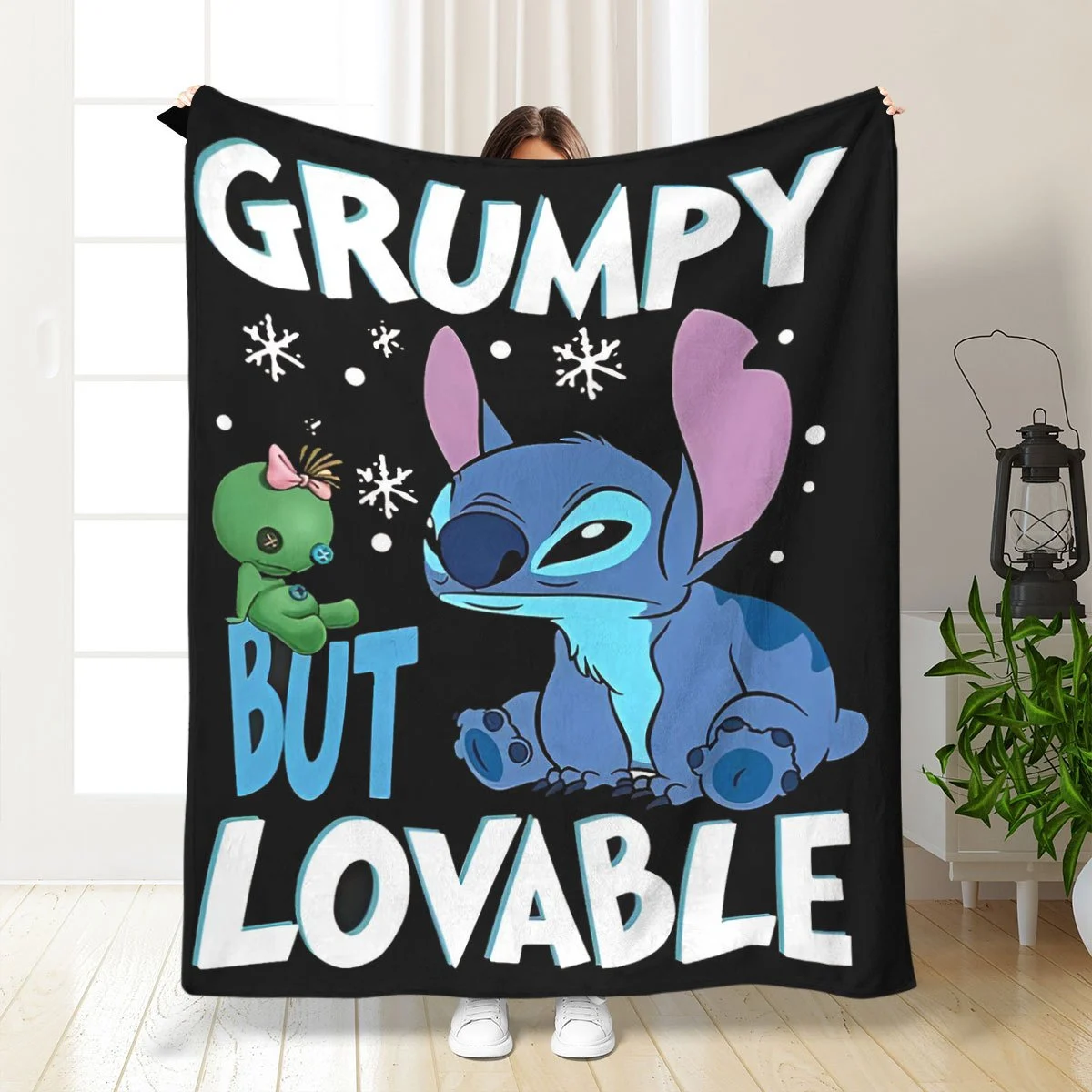 DISNEY CLASSIC Stitch "Grumpy But Lovable" Flannel Blanket - Soft Cozy, All-Season Multi-Use for Home, Office & Outdoor