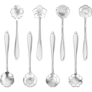 8-Piece Silvery Stainless Steel Flower Tea Spoon Set Coffee & Dessert Stirring Spoons Creative Fancy Tableware for Tea Party Cafe Bar Kitchen Home Decor