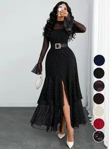 Women's Romantic Polka Dot Split Mesh Patchwork Layered Elegant Flared Skirt Dress, Fitted Style, All Seasons, No Waistband Included