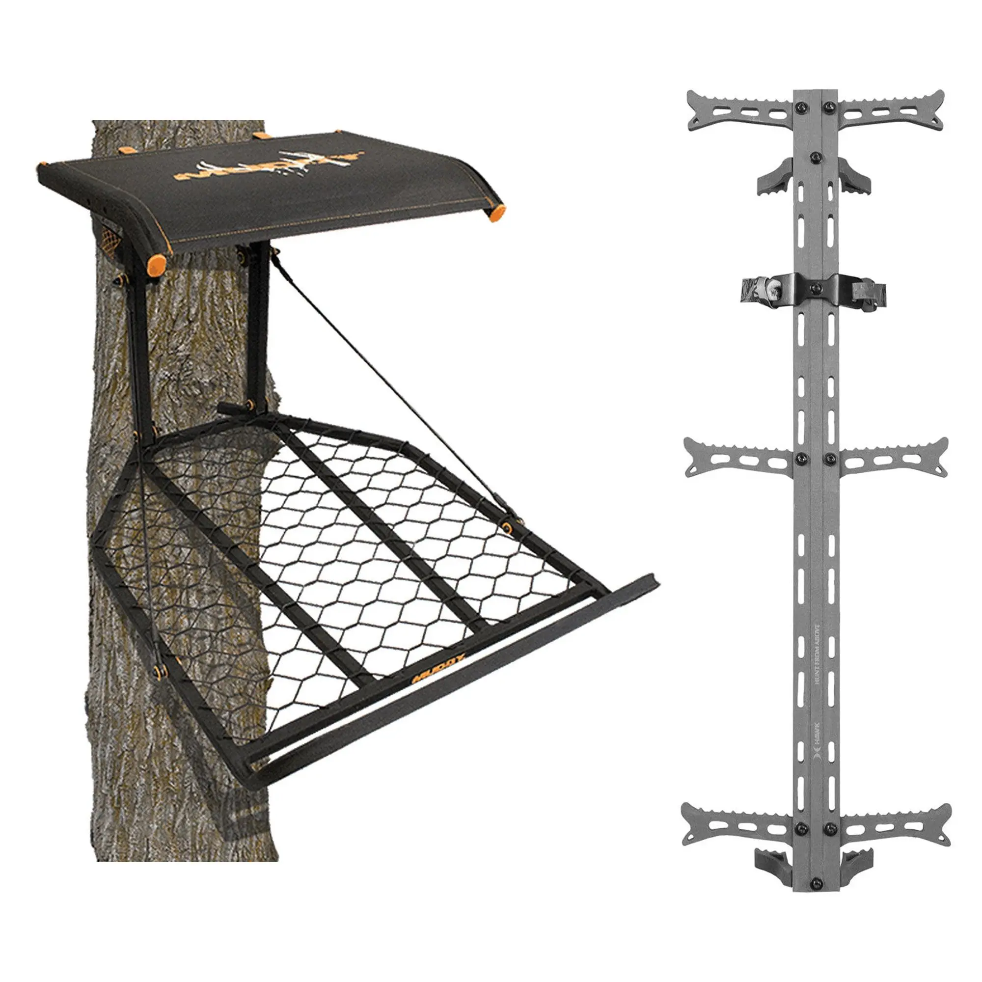 Muddy The Boss XL Hang On Tree Stand & Hawk Helium Set of 3 Climbing Sticks Muddy The Boss XL Hang On Tree Stand & Hawk Helium Set of 3 Climbing Sticks