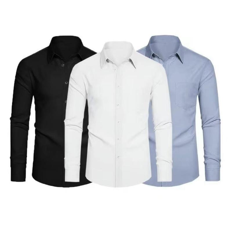 3-Piece Set Stretch and stain-resistant shirt, unisex.Shirts4-way Stretch Long Sleeve Collared Solid Wedding Dating Button Down Shirts Business Casual Breathable Outfits Menswear black logo