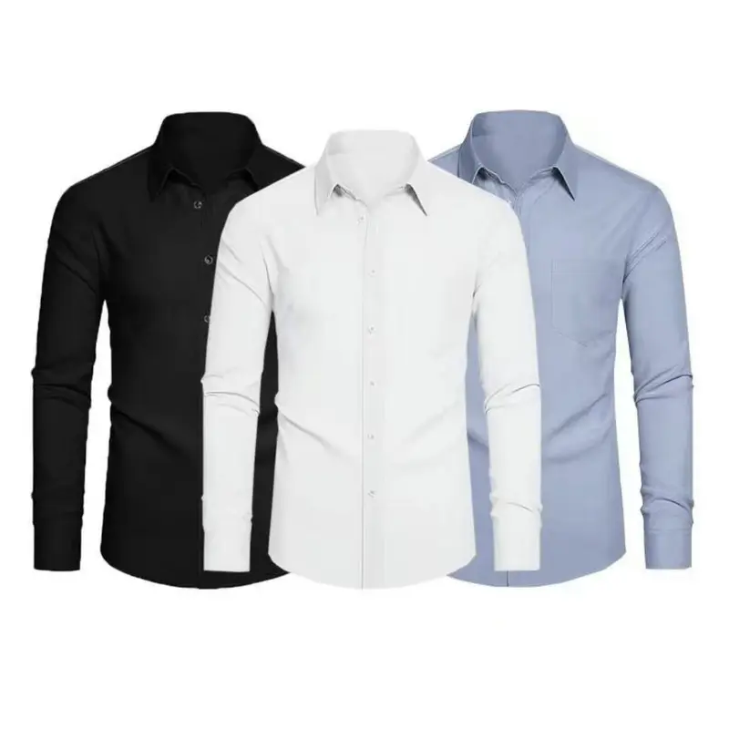 3-Piece Set Stretch and stain-resistant shirt, unisex.Shirts4-way Stretch Long Sleeve Collared Solid Wedding Dating Button Down Shirts Business Casual Breathable Outfits Menswear black logo