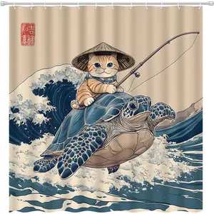 Japanese Cat Shower Cute Cat Riding Turtle Vintage Waves Asian Sea Animal Funny Curtains Set with