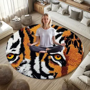 Realistic Tiger Pattern Round Rug Carpet, Flannel Meditation Yoga Mat, Indoor Room Entrance Living Room Decor, Portable Outdoor Rest Pad