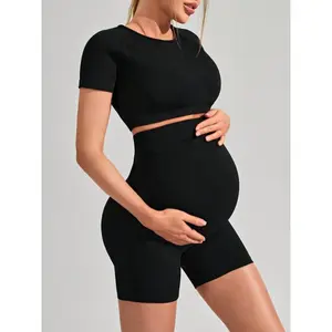 2PiecesStretchyComfortablePregnantWomen'sBacklessCroppedTop&HighWaistShortsTwo-PieceSetMaternityWearClothingPlusSize