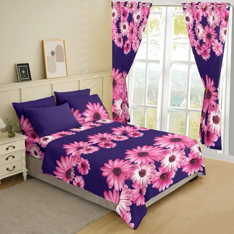 Bedsheet Set - 8 Pieces with 2 Curtains, 4 Pillow Cases, 1 Fitted Sheet & 1 Flat Sheet, Floral Design