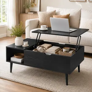 Black Lift-Top Coffee Table with Storage Shelf & Hidden Compartment, Adjustable Wooden Dining & Living Room Table, Small Space Rising Table for Home, Sofa, Center, Modern Multifunctional Storage Table
