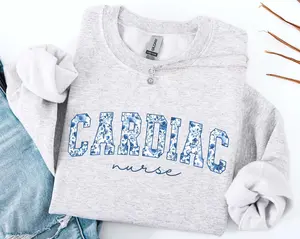 Cardiac Nurse Sweatshirt / Short Sleeve T-SHIRT, Blue Toile Cardiology Nurse Crewneck, Heart Nurse Gift, Floral Cardiology Nurse Sweater, Cvicu Shirt