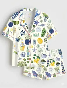 Ciao Bella Italian Summer Women Pajama Set Amalfi Coast Lemon Seashell Martini Print Loose Comfy Short Sleeve PJs Mediterranean Coastal Sleepwear