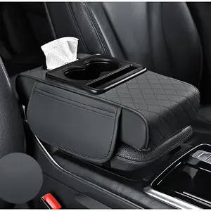 Multifunctional Pu Leather Car Armrest Box Mat Car Armrest Cushion 5-in-1 Center Console Cover Pad with 2 Storage Bags Cup Holder, Tissue Box Slot, Phone Slot for Most Cars