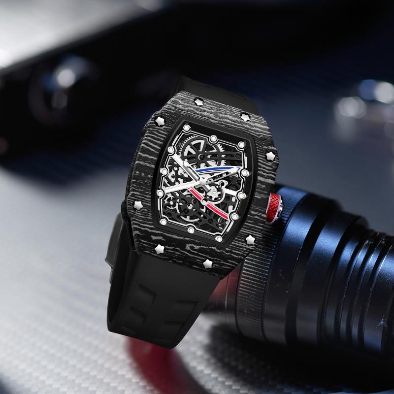 Fashion Skeleton Quartz Watch for Men, Carbon Fiber Design, Red Silicone Band, Perfect for Daily & Sports