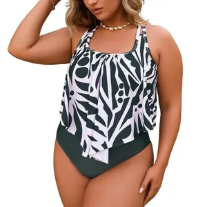 Plus Size Green & White Abstract Print Flounce Tankini-Style Swimsuit, Double Straps Tummy Control Slimming One-Piece Bathing Suit for Women Beach Vacation