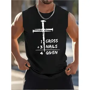 Men's Sleeveless Breathable Loose Fit Athletic Tank Top with Cross Text Graphic Print and Medium Stretch Fabric for Summer Workout Casual Outdoor Activities