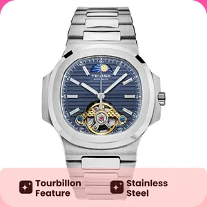TEVISE Luxury Men's Automatic Mechanical Watch, Retro Square Dial, Transparent Case & Skeleton Tourbillon, Durable Stainless Steel Strap