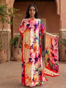 Women's Plant Print Elegant Lightweight Fitted Long Dress Robe Set, Hooded Shawl + Long Silk Scarf, Beach Sun Protection, All Seasons Fashion, Swimwear Coverups