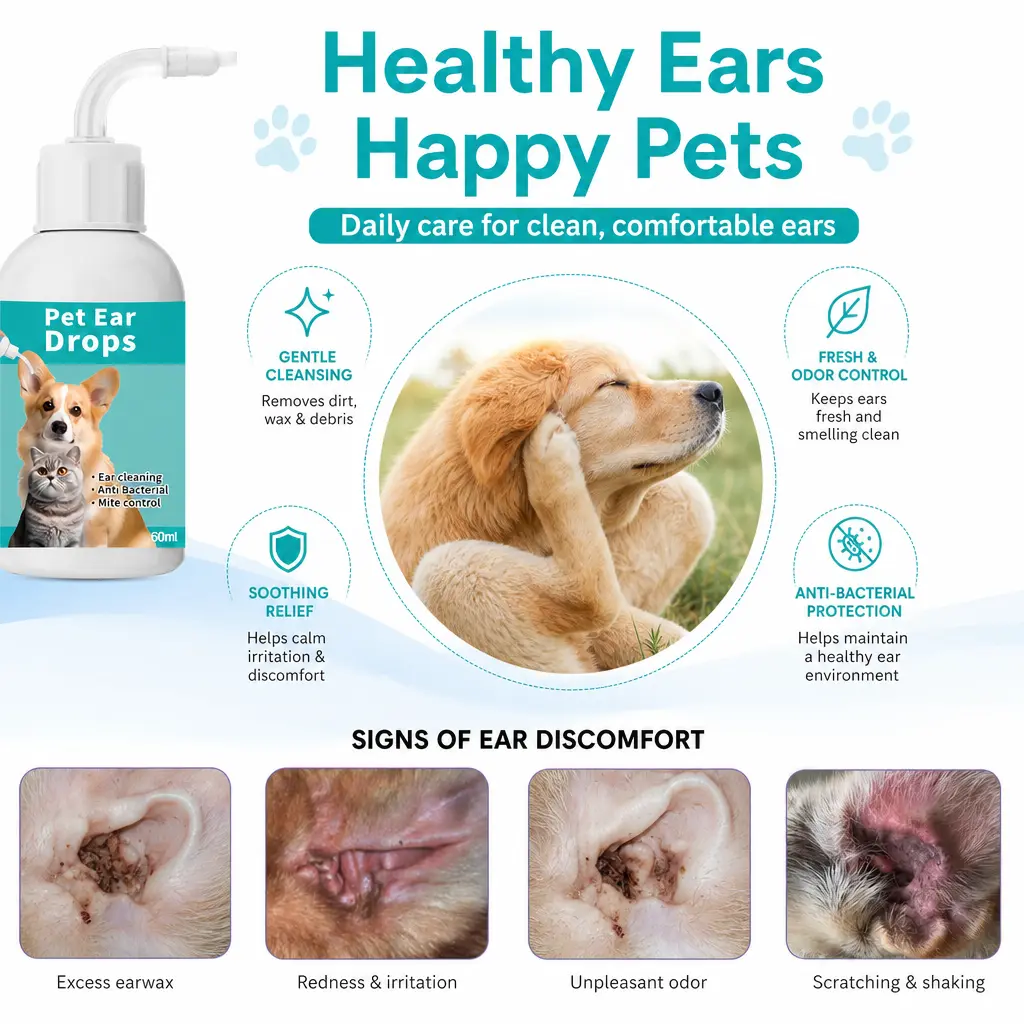 Gentle pet ear cleaning solution without alcohol. The cleaner is suitable for dogs and cats [60 milliliters]