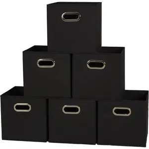 Household Essentials Foldable Fabric Storage Cubes 6-Pack – 11x11x11 Stackable Non-Woven Bins with Chipboard Sides & Grommet Handles – Closet, Shelf, Nursery, or Office Organizer – Black