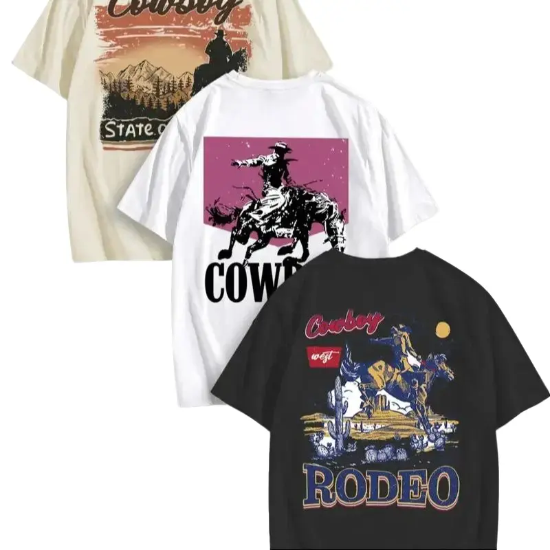 Men's Graphic Round Neck Tee, Cowboy Print Short Sleeve T-Shirt for Daily Wear, Casual Comfy Knitting Top for Summer, Casual Stylish Tee, Casual T Shirts, Casual Summer Tees